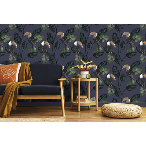 Dutch Wallcoverings Amazonia - Tiki Navy - Zwart