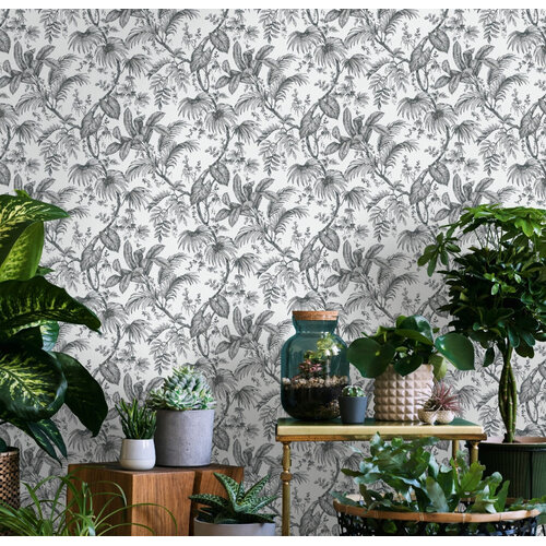 Noordwand Jackie Behang zwart-wit met bladeren - 6818-10