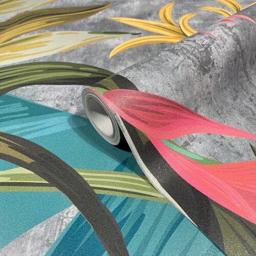 Noordwand Jackie Fotobehang met grote gekleurde bladeren op een beton achtergrond - 81601