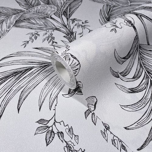 Noordwand Jackie Fotobehang met zwart-witte tropische bladeren - 81600