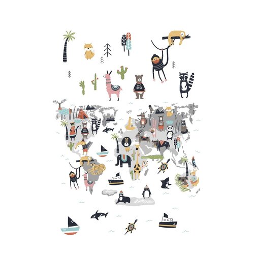 Noordwand Kids Walls Fotobehang kinderkamer wereldkaart dieren - 45875