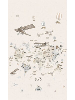 Noordwand Kids Walls Fotobehang met beige wereldkaart met dieren en vliegtuigen - 45856