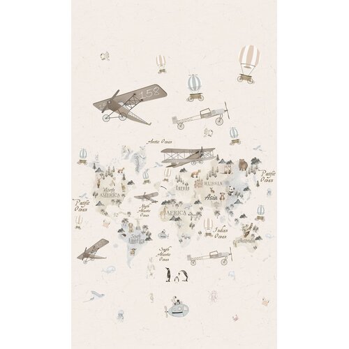 Noordwand Kids Walls Fotobehang met beige wereldkaart met dieren en vliegtuigen - 45856