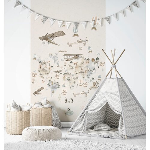 Noordwand Kids Walls Fotobehang met beige wereldkaart met dieren en vliegtuigen - 45856