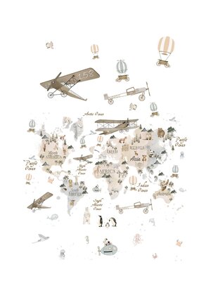 Noordwand Kids Walls Fotobehang met beige wereldkaart met dieren en vliegtuigen - 45858