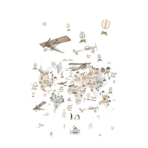 Noordwand Kids Walls Fotobehang met beige wereldkaart met dieren en vliegtuigen - 45858