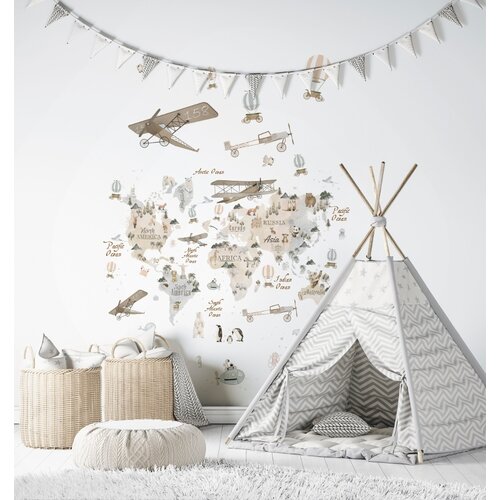 Noordwand Kids Walls Fotobehang met beige wereldkaart met dieren en vliegtuigen - 45858