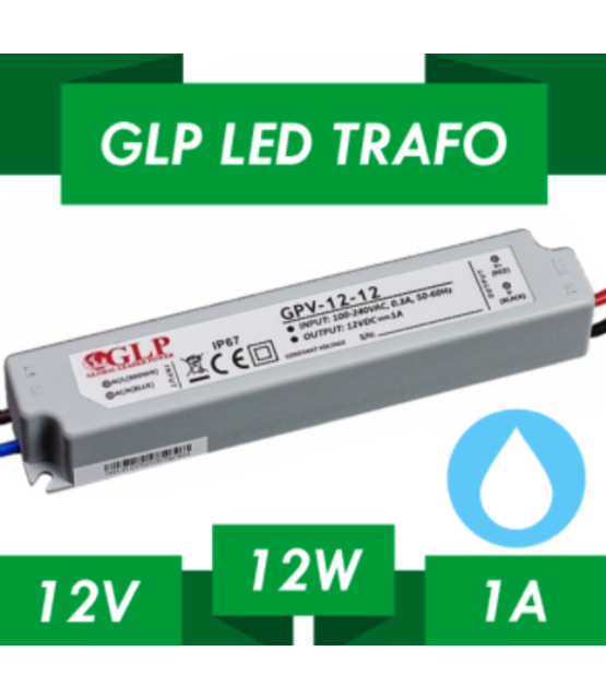 LED voeding 12 watt 12 volt 1 Ampère - IP67 waterdicht - GLP GPV-12-12
