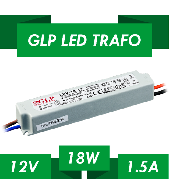 LED voeding 18 watt 12 volt 1,5 Ampère - IP67 waterdicht - GLP GPV-18-12