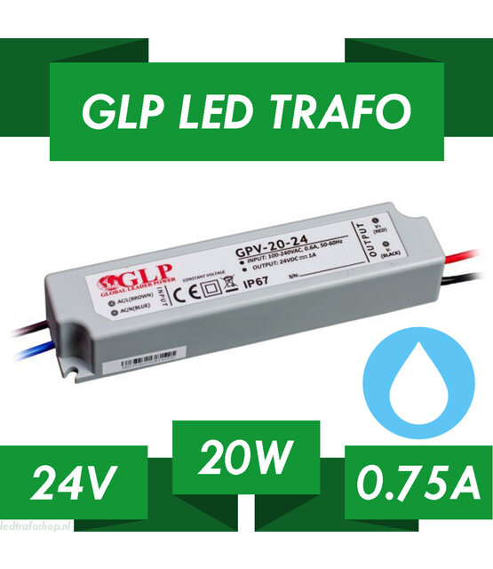 LED voeding 20 watt 24 volt 1 Ampère – IP67 waterdicht – GLP GPV-20-24