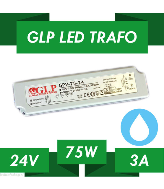 LED voeding 75 watt 24 volt 3 Ampère – IP67 waterdicht – GLP GPV-75-24