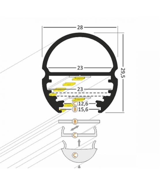 LED profiel kledingstang garderobe met afdekking 28 mm x 29 mm G5