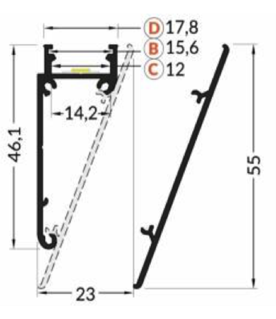 LED strip wandprofiel met afdekking 55 mm x 23 mm - WALLE12ALU