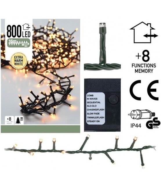 Cluster Kerstverlichting - extra warm wit - 16 meter – 800 LED met 8 functies - LUKSUS