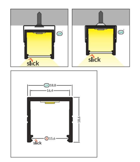 Zwart LED profiel met opaal klikafdekking 18,8 mm x 18,6 mm - 20ZWART
