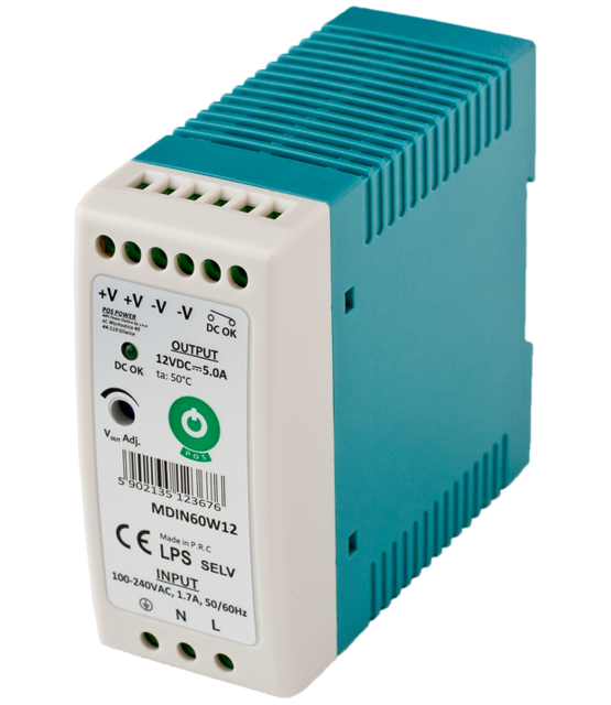 DIN Rail LED Voeding 60 watt 12 volt 5 Ampère - IP20 - MDIN60W12