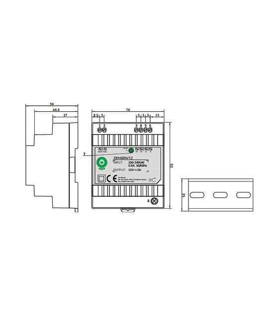 Din Rail LED Voeding 60 watt 12 volt 5 Ampère - IP20 - DIN60W12