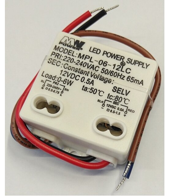 Mini LED voeding 6 watt 12 volt 0,5 Ampère - IP20 - MPL-06-12