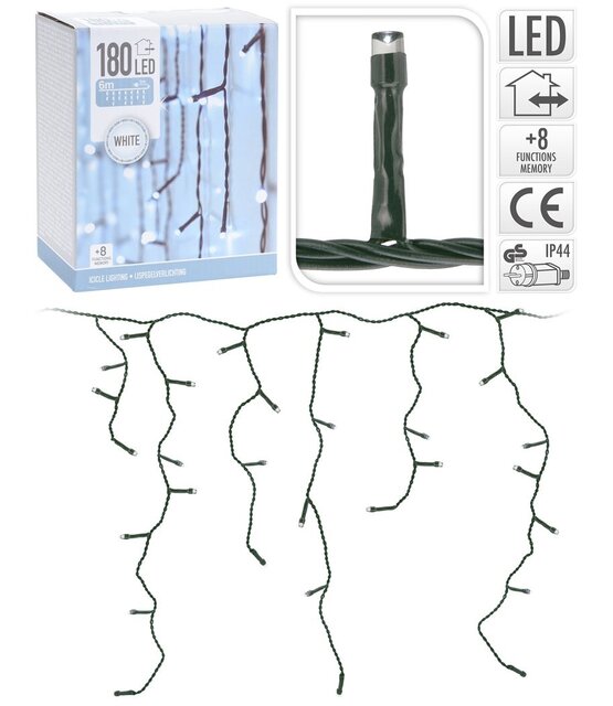 IJspegel kerstverlichting wit 180 LED 6 meter met 8 lichtstanden