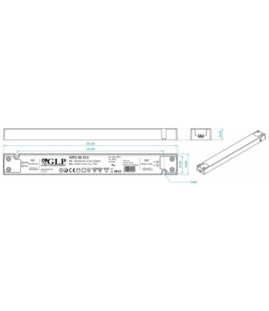 SLIM LED voeding 30 watt 12 volt 2,5 Ampère - IP20 - GTPC-30-12-S