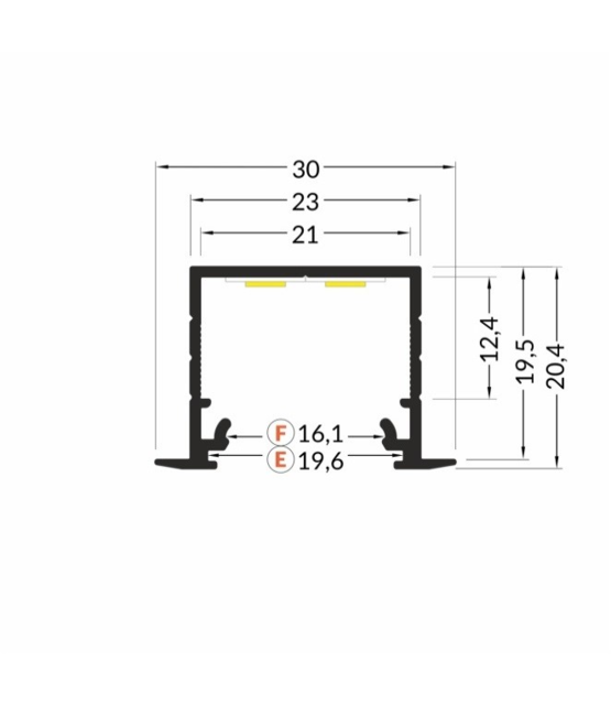 LED profiel 2 meter met afdekking  30mm X 20,4mm - 20INBOUW-ALU