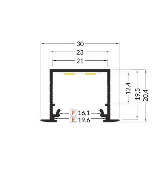 LED profiel 1 meter met afdekking  30mm X 20,4mm - 20INBOUW-ALU