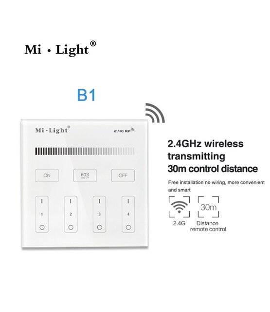 Mi-light 2.0 B1 draadloze touch-wanddimmer voor 4 zones – dimmen van 1% tot 100%