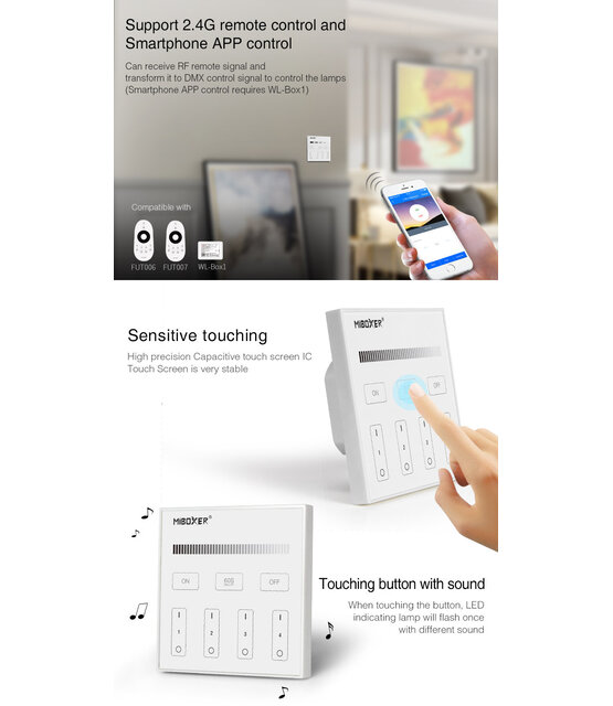 DMX Enkel kleurige LED wanddimmer - DMX 512 en Draadloos MIBOXER - X1