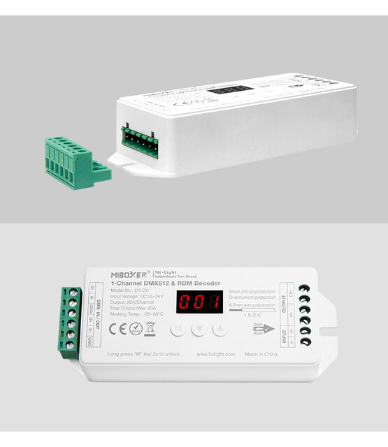 MiBOXER D3-CX 3-kanaals DMX512- en RDM-decoder voor RGB-ledstrips, DC12~24V, 6A per kanaal