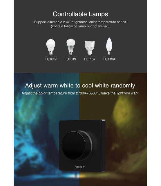 MiBoxer draadloze ZWARTE LED wanddimmer - Draadloze wanddimmer - MIBOXER K1B