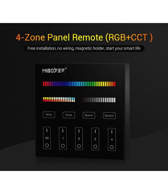 LED wanddimmer zwart B4-B Miboxer - Draadloos 4 zone (RGB+CCT)