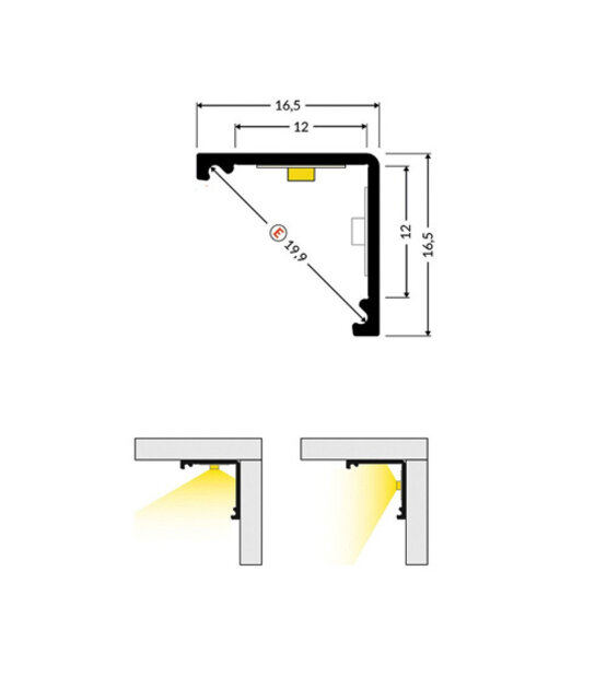 Wit LED hoekprofiel 2 meter met opaal afdekking 16,5 mm x 16,5 mm - C12WIT DUO