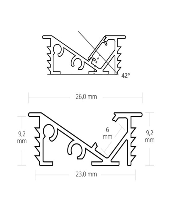 Wit diagonaal LED inbouw profiel voor meubels met klikafdekking 23 mm x 9,2mm – MP1WIT