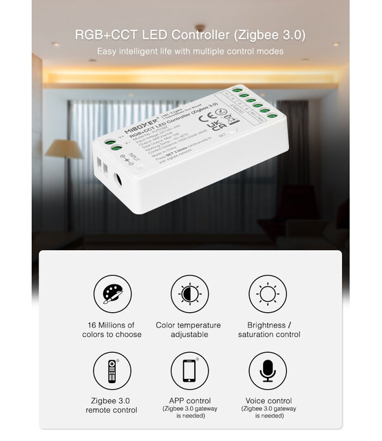 3 in 1 Zigbee + 2,4ghz LED controller voor RGB/RGBW/RGBWW/RGBCCT LED strips 12-24v - FUT037Z+