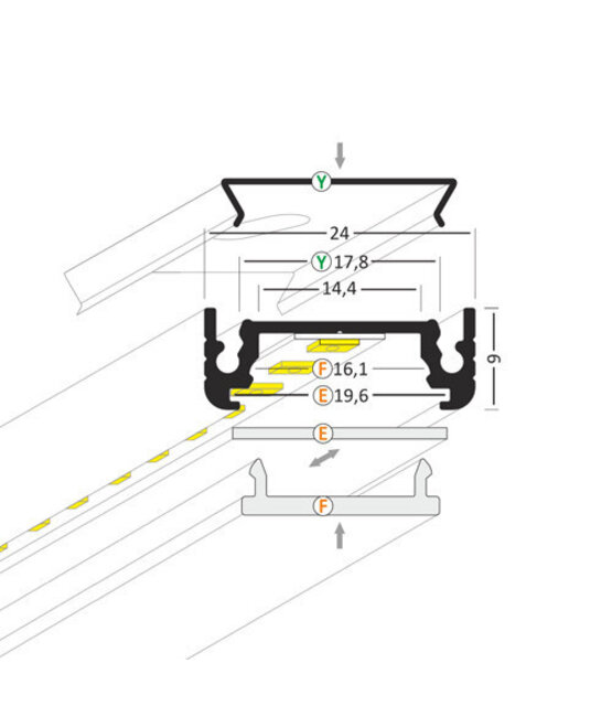 LED profiel met afdekking 24 mm x 9 mm - 09ALU