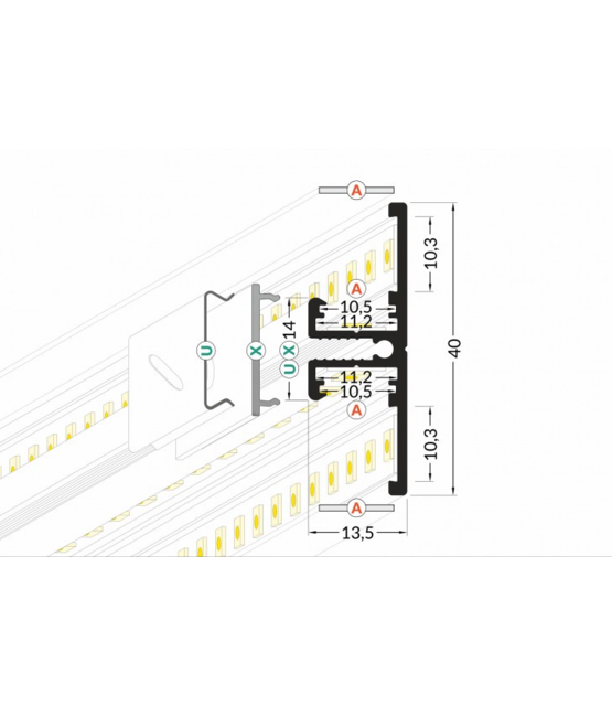 LED profiel Up Down - met afdekking 13,5 mm x 40 mm - UpDown02ALU