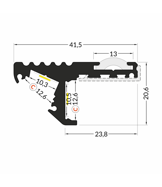 LED strip trapprofiel met afdekking 41,5 mm x 20,6 mm - D10ALU