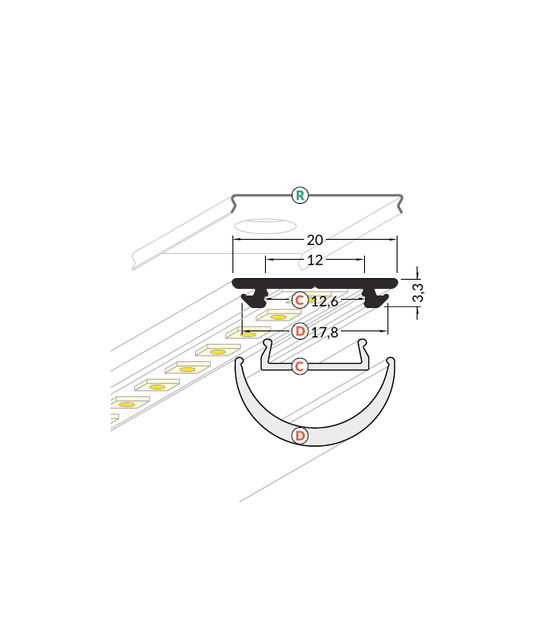 Buigbaar LED profiel met opaal klikafdekking 2 meter - F12ALU - 20 mm x 3,3 mm + afdekking keuze