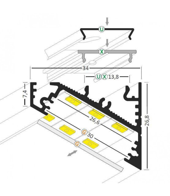 LED hoekprofiel met afdekking 34 mm x 26,8 mm - C27ALU