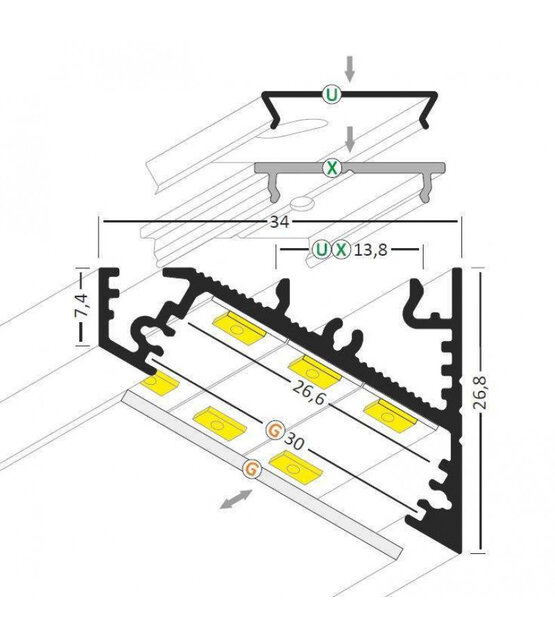 Zwart LED hoekprofiel met afdekking 34 mm x 26,8 mm - C27ZWART