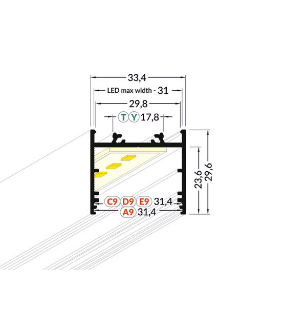 Alu LED XL profiel 3 meter met lage afdekking 33,4mm x 29,6mm - XL11ALU