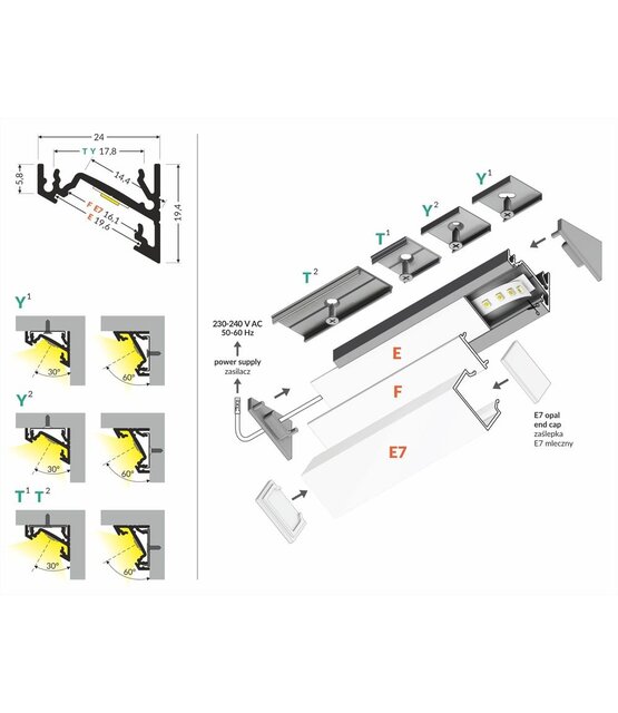 LED hoekprofiel met afdekking 24 mm x 19,4 mm - C21Wit