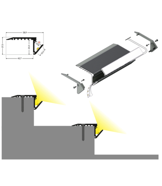 LED trapprofiel 2 meter met klikafdekking 58,9mm x 27,5mm – B12ALU
