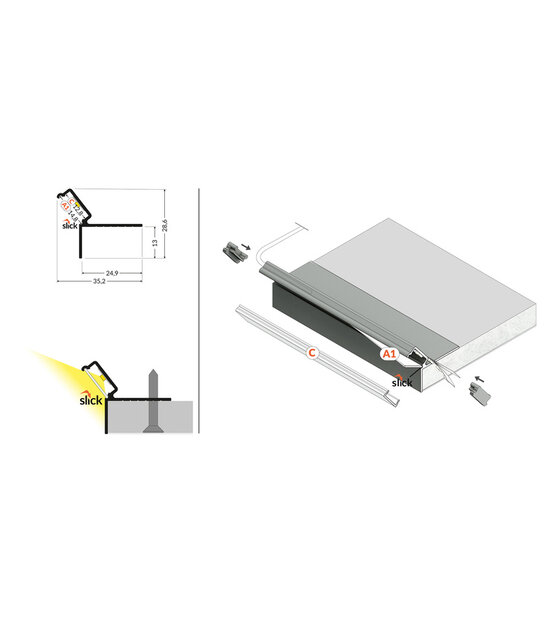 LED profiel gipsplaat plafond inclusief opaal klikafdekking 35.20 mm x 28,60 mm - PLAFOND12DOWN