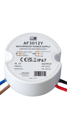 Wandcontactdoos Mini LED voeding 30 watt 12 volt 2,5 Ampère – IP67 waterdicht – AF3012Y