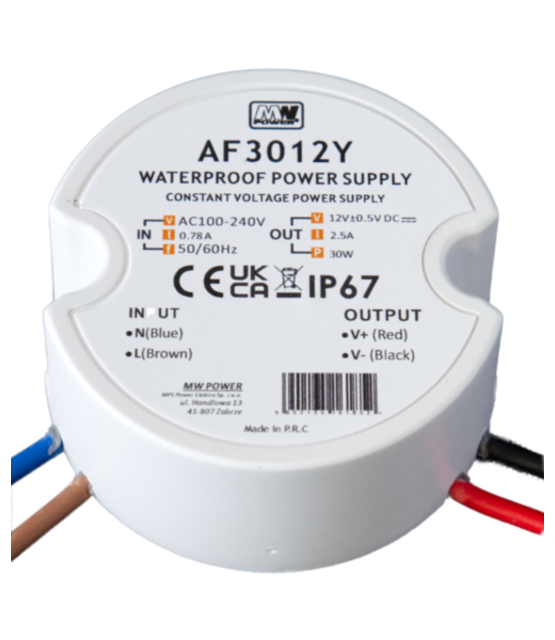 Wandcontactdoos Mini LED voeding 30 watt 12 volt 2,5 Ampère – IP67 waterdicht – AF3012Y