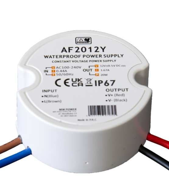 Wandcontactdoos Mini LED voeding 20 watt 12 volt 1,67 Ampère – IP67 waterdicht – AF2012Y