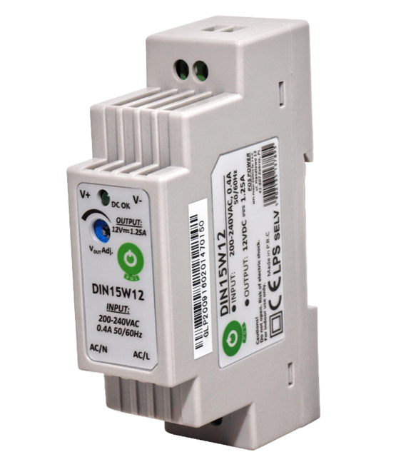 DIN Rail LED voeding 15 watt 12 volt 1,25 Ampère - IP20 - MDIN15W12