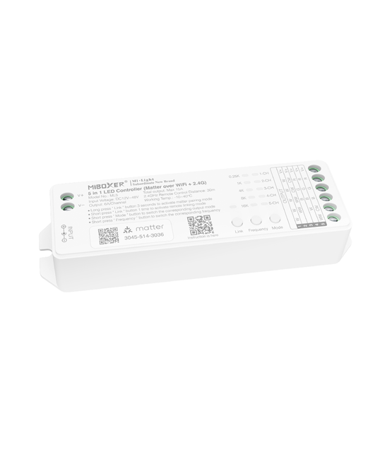 Matter over wifi LED controller 5 in 1 - voor Single Color/Dual White/RGB/RGBW/RGBWW/RGBCCT LED strips 12-24-48v - ML5