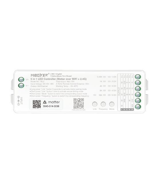 Matter over wifi LED controller 5 in 1 - voor Single Color/Dual White/RGB/RGBW/RGBWW/RGBCCT LED strips 12-24-48v - ML5